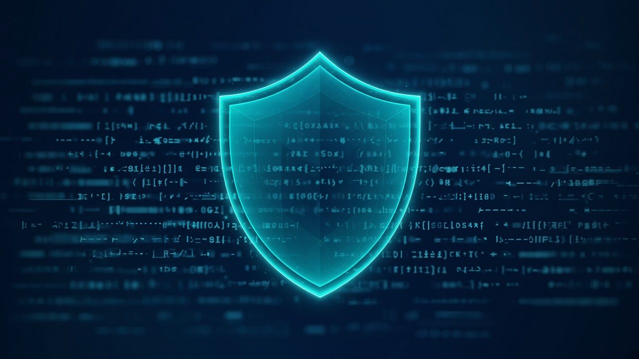 Glowing teal shield over abstract code
