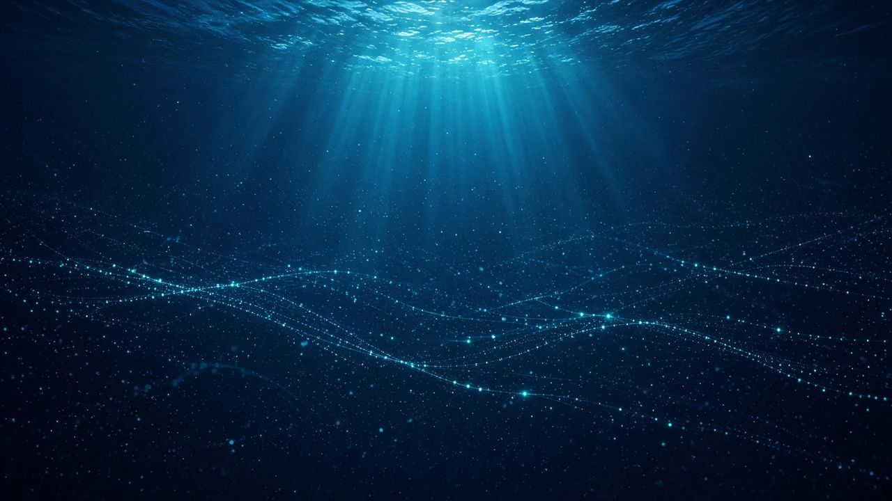 Deep navy ocean with teal light rays and flowing signal lines